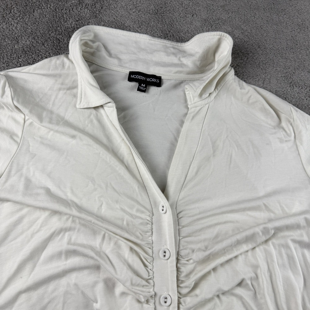 MODERN WORKS Ruched Fitted Short Sleeve Button Up Shirt Womens Medium White - Picture 3 of 13